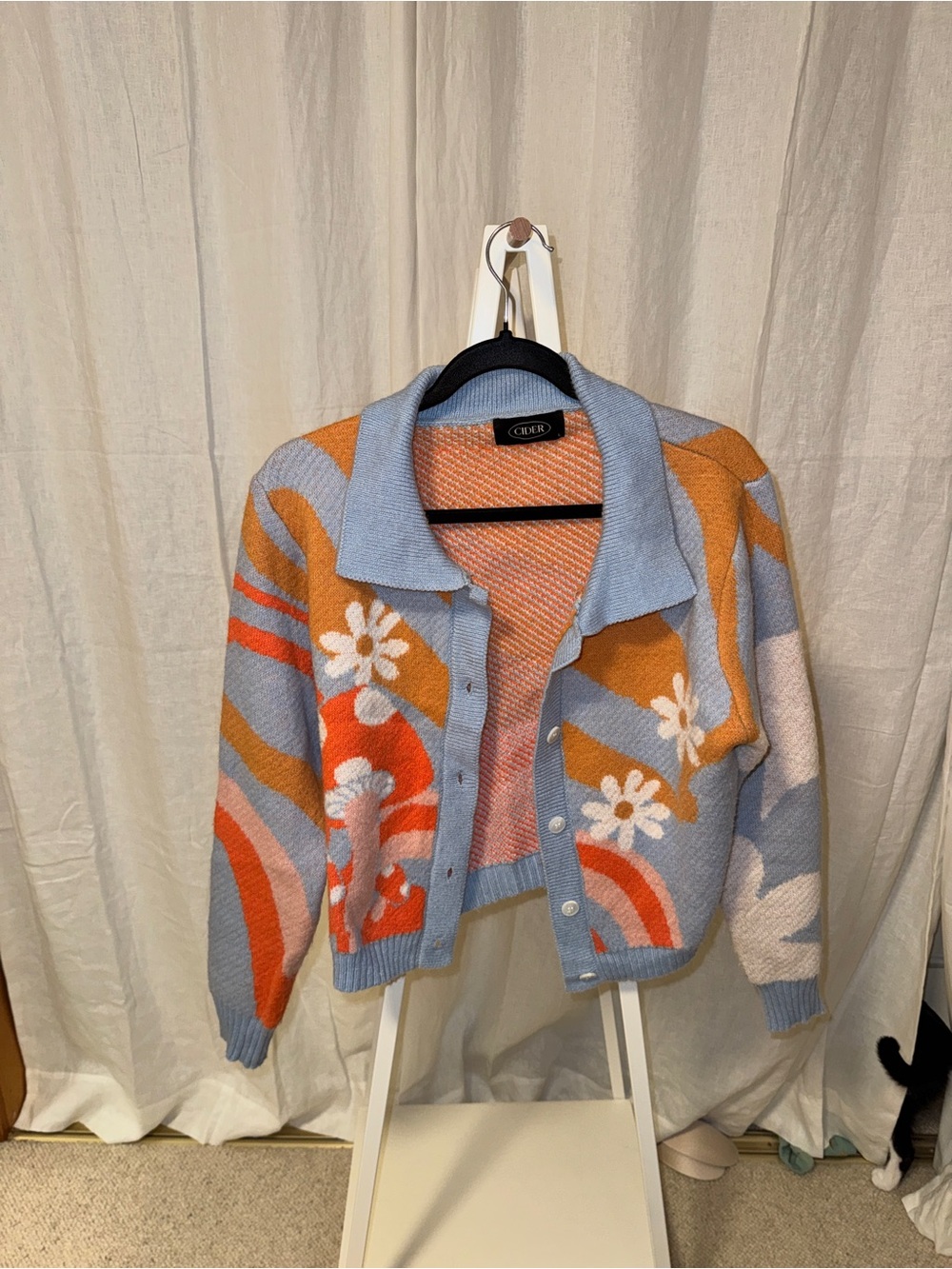Cider Blue Orange Floral Patterned Button-Up Cardigan
